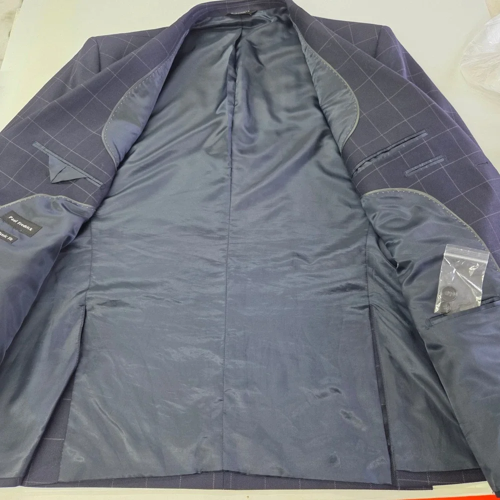 Paul Fredrick Blazer Mens 50R Navy Blue Windowpane‎ Wool Classic Fit Jacket